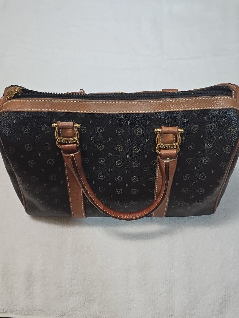 Vintage Pollini Black Monogram Satchel with Brown Trim - Picture 4 of 10